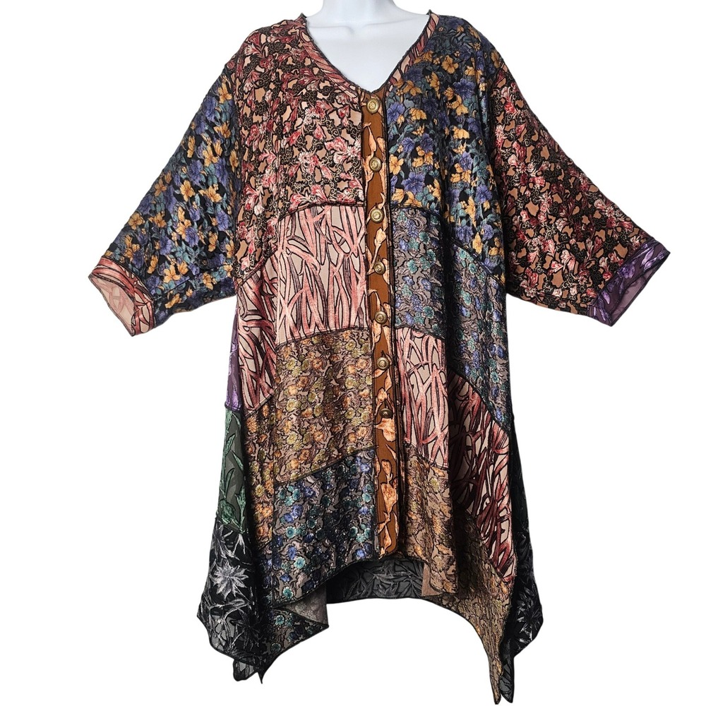 Sterling Styles Patchwork Burnout Velvet Floral Sheer Kimono Duster OS Boho